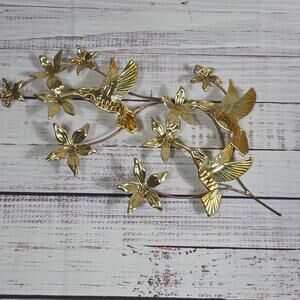 MCM Gold Tone Metal Hummingbirds Wall Art Floral Nature Decor Modern Accent